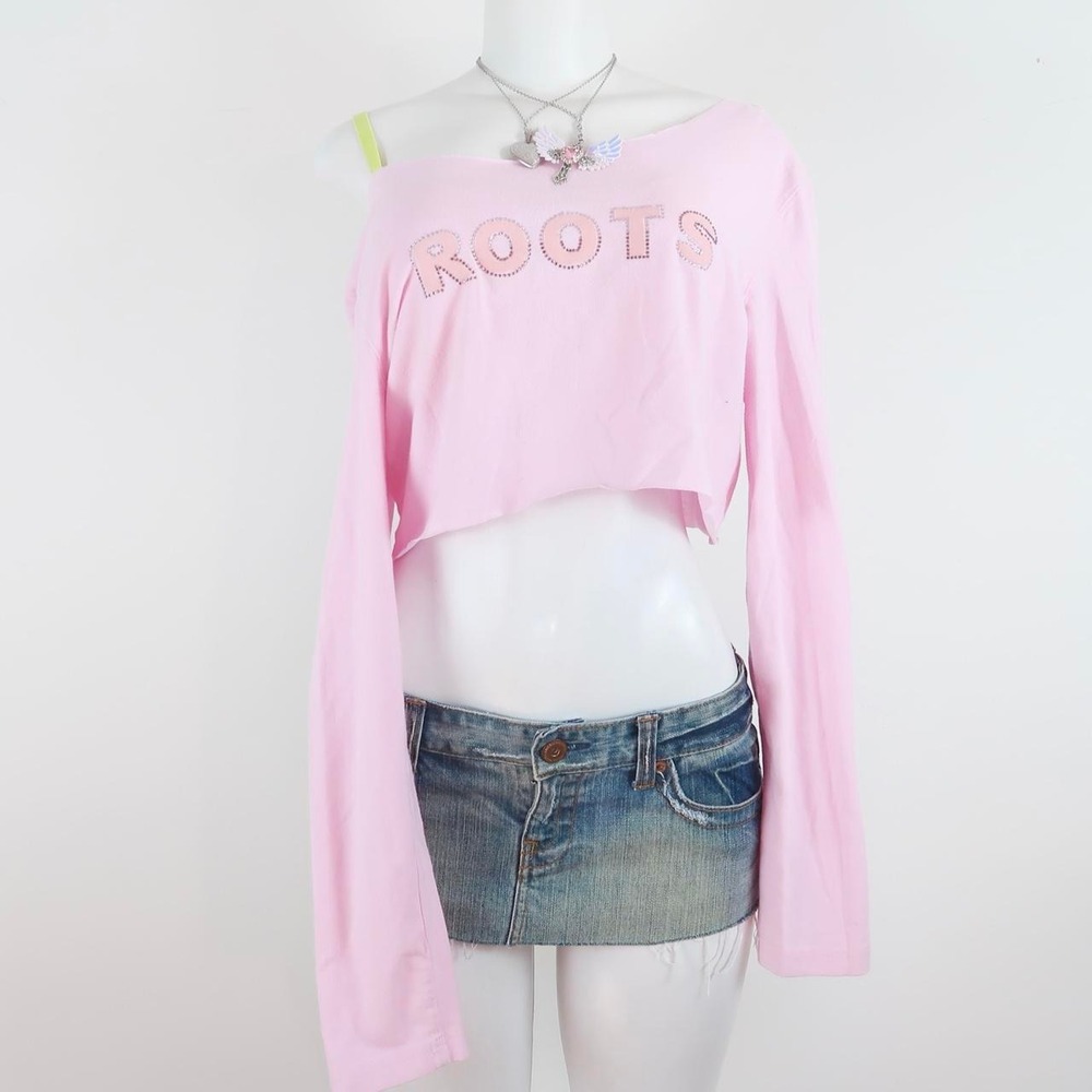 y2k pink rhinestone roots crop top | 2000s baby pink long sleeve graphic top